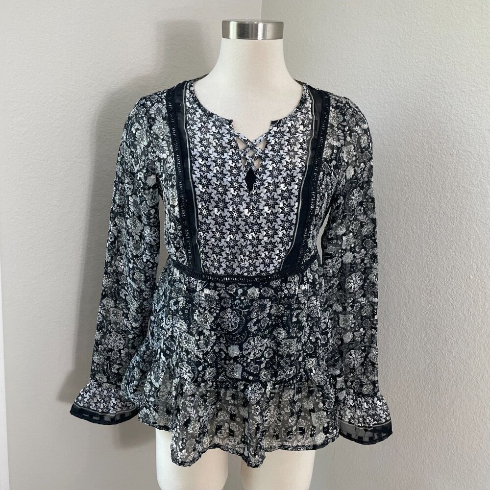 Knox Rose Womens XS Top‎ Long Sleeve Floral Peasant Boho Blouse Lined Shirt Top